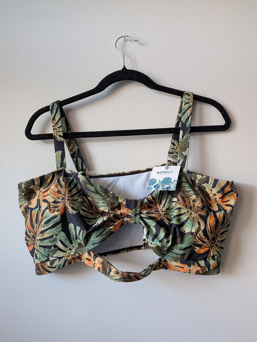 B2PRITY Tropical Leaf BandeauTie-Front Bikini Top - Black Green Orange XXL NWT